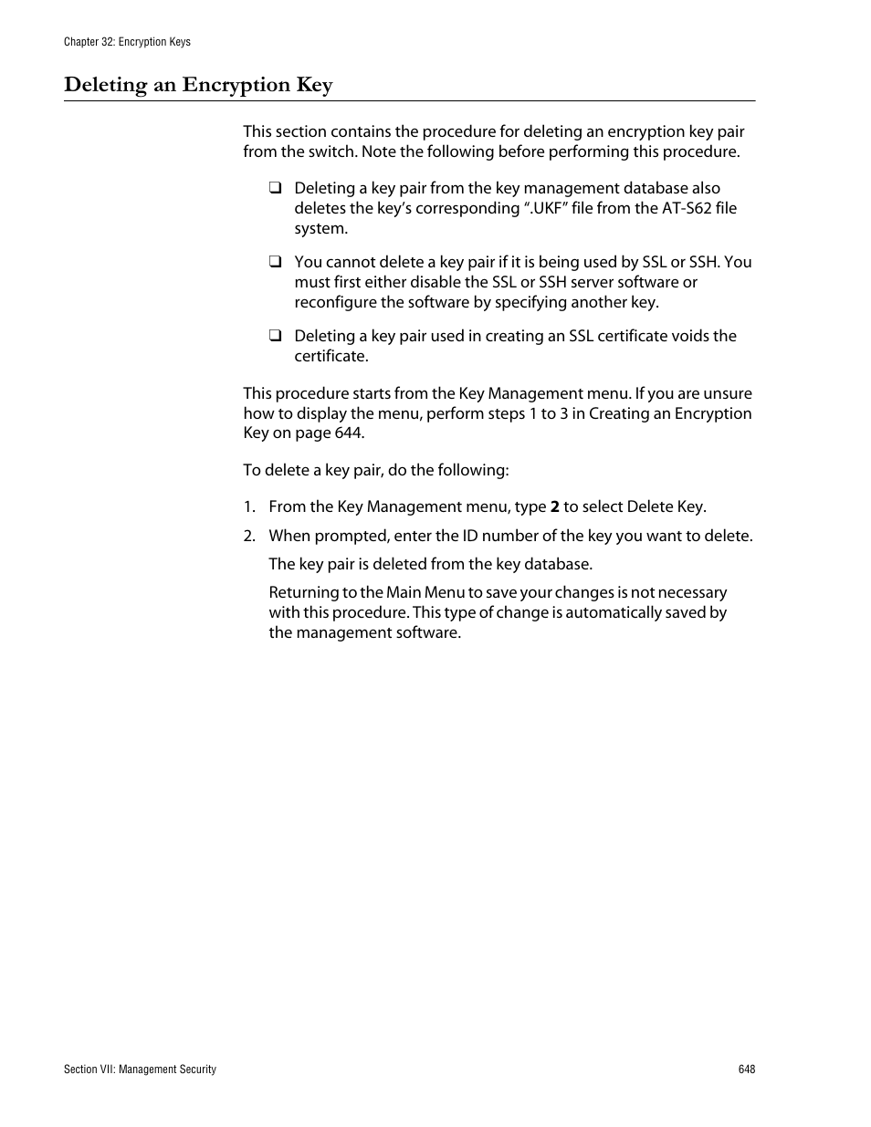 Deleting an encryption key | Allied Telesis AT-S62 User Manual | Page 648 / 760