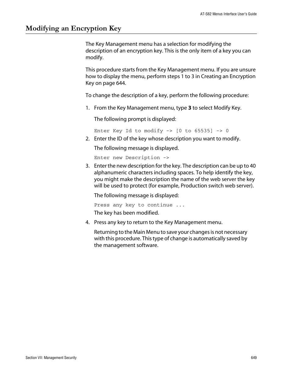 Modifying an encryption key | Allied Telesis AT-S62 User Manual | Page 649 / 760