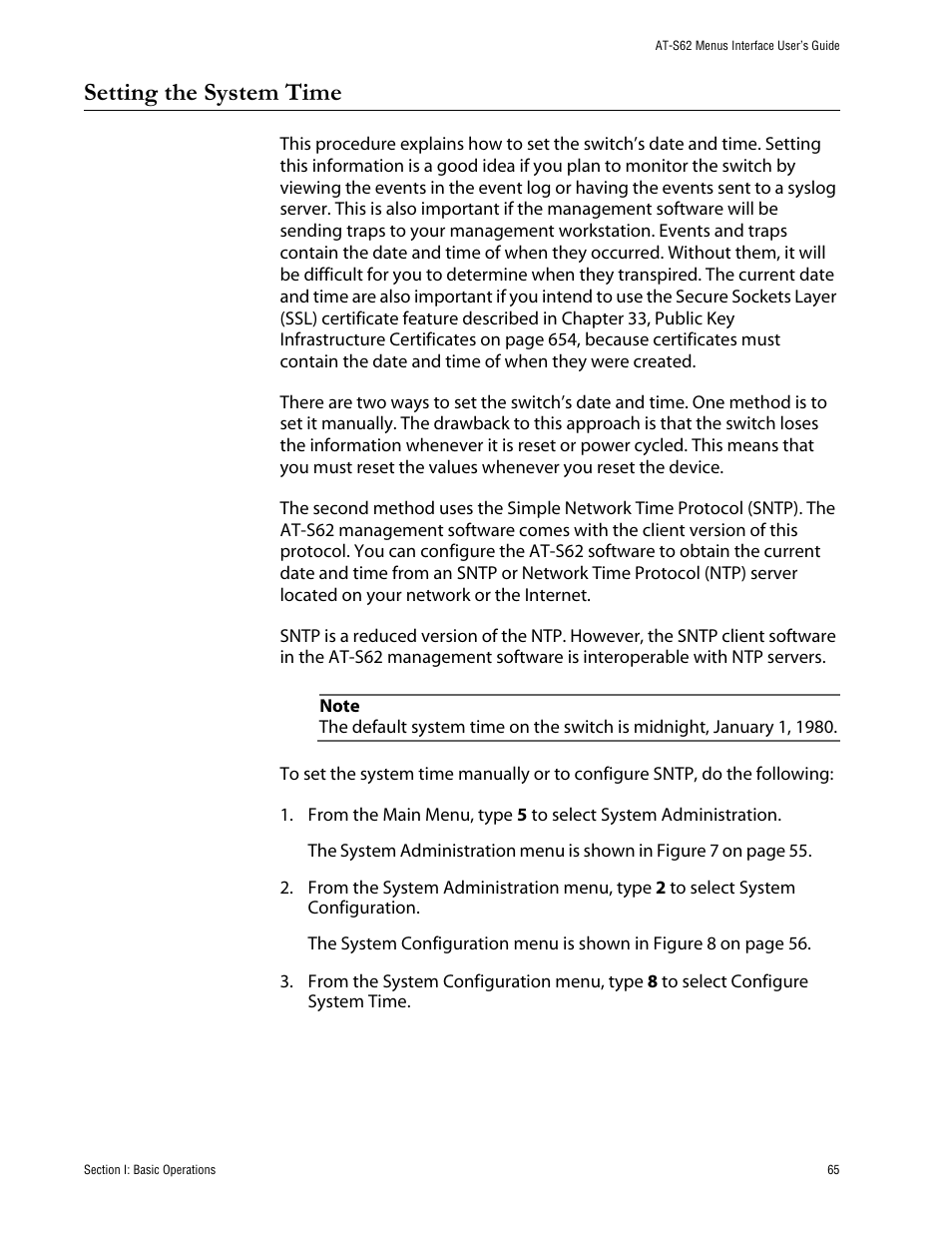 Setting the system time | Allied Telesis AT-S62 User Manual | Page 65 / 760