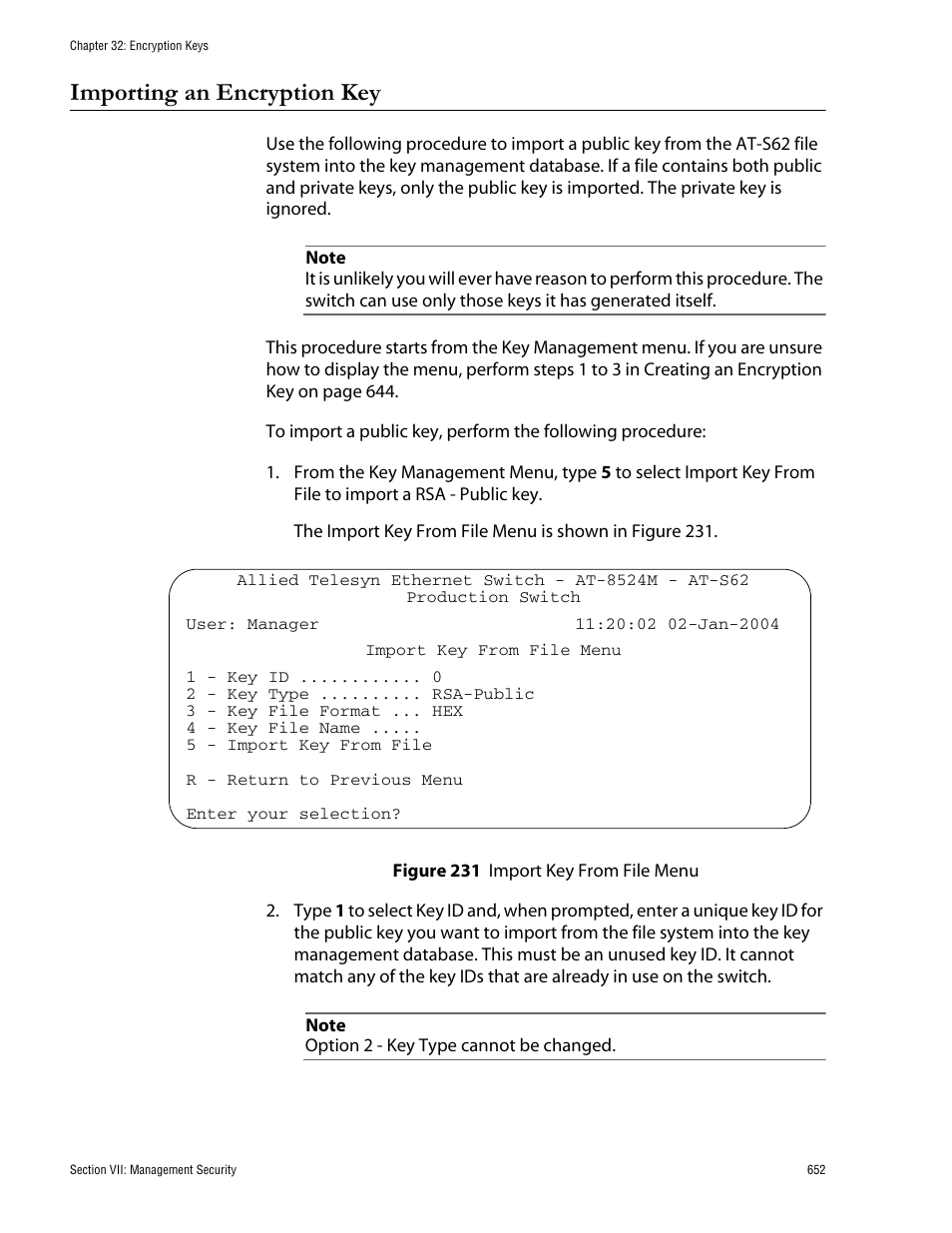 Importing an encryption key, Figure 231: import key from file menu | Allied Telesis AT-S62 User Manual | Page 652 / 760
