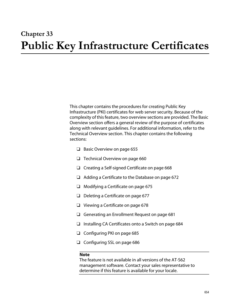 Chapter 33, Public key infrastructure certificates, Chapter 33 public key infrastructure certificates | Allied Telesis AT-S62 User Manual | Page 654 / 760