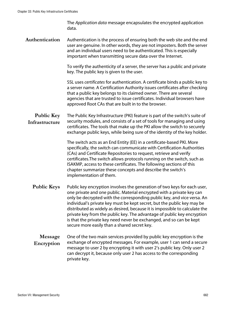 Authentication, Public key infrastructure, Public keys | Message encryption | Allied Telesis AT-S62 User Manual | Page 662 / 760