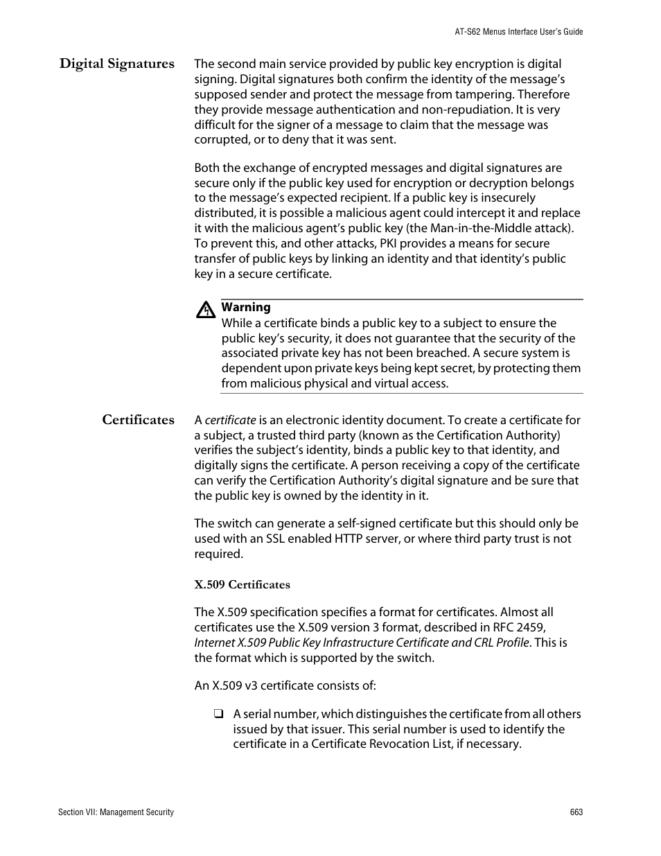 Digital signatures, Certificates, Digital signatures certificates | Allied Telesis AT-S62 User Manual | Page 663 / 760