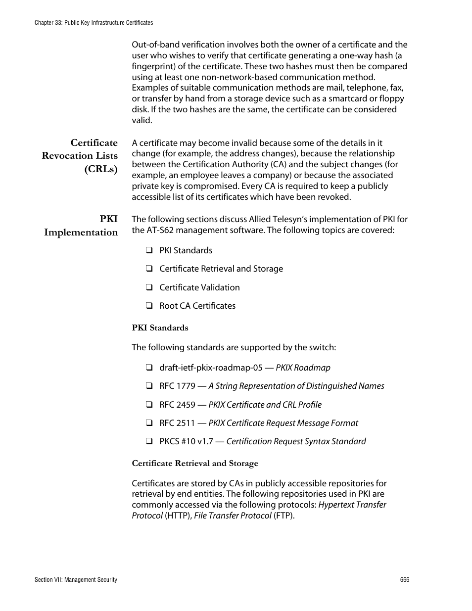 Certificate revocation lists (crls), Pki implementation | Allied Telesis AT-S62 User Manual | Page 666 / 760