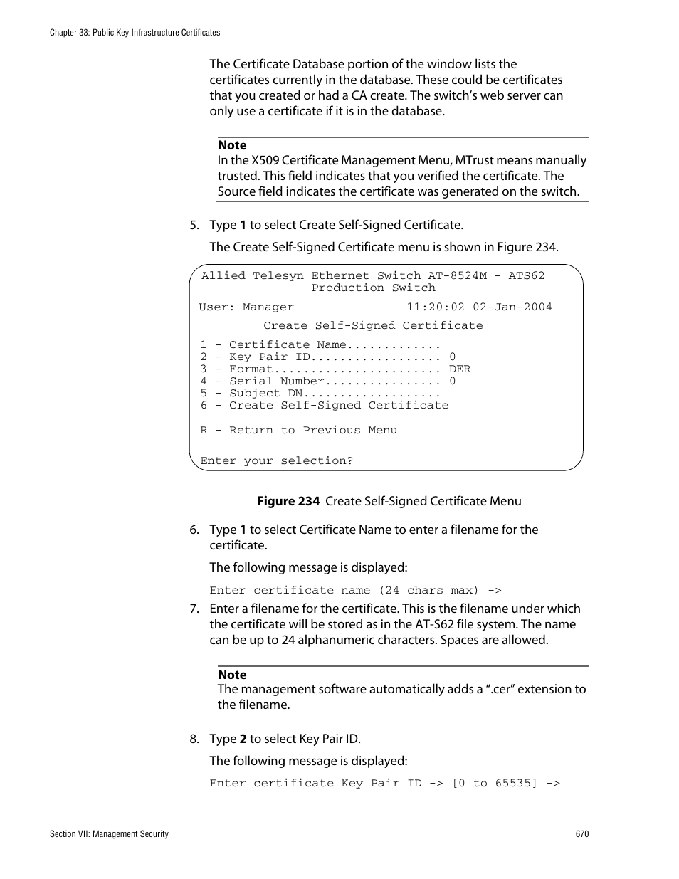 Figure 234: create self-signed certificate menu | Allied Telesis AT-S62 User Manual | Page 670 / 760