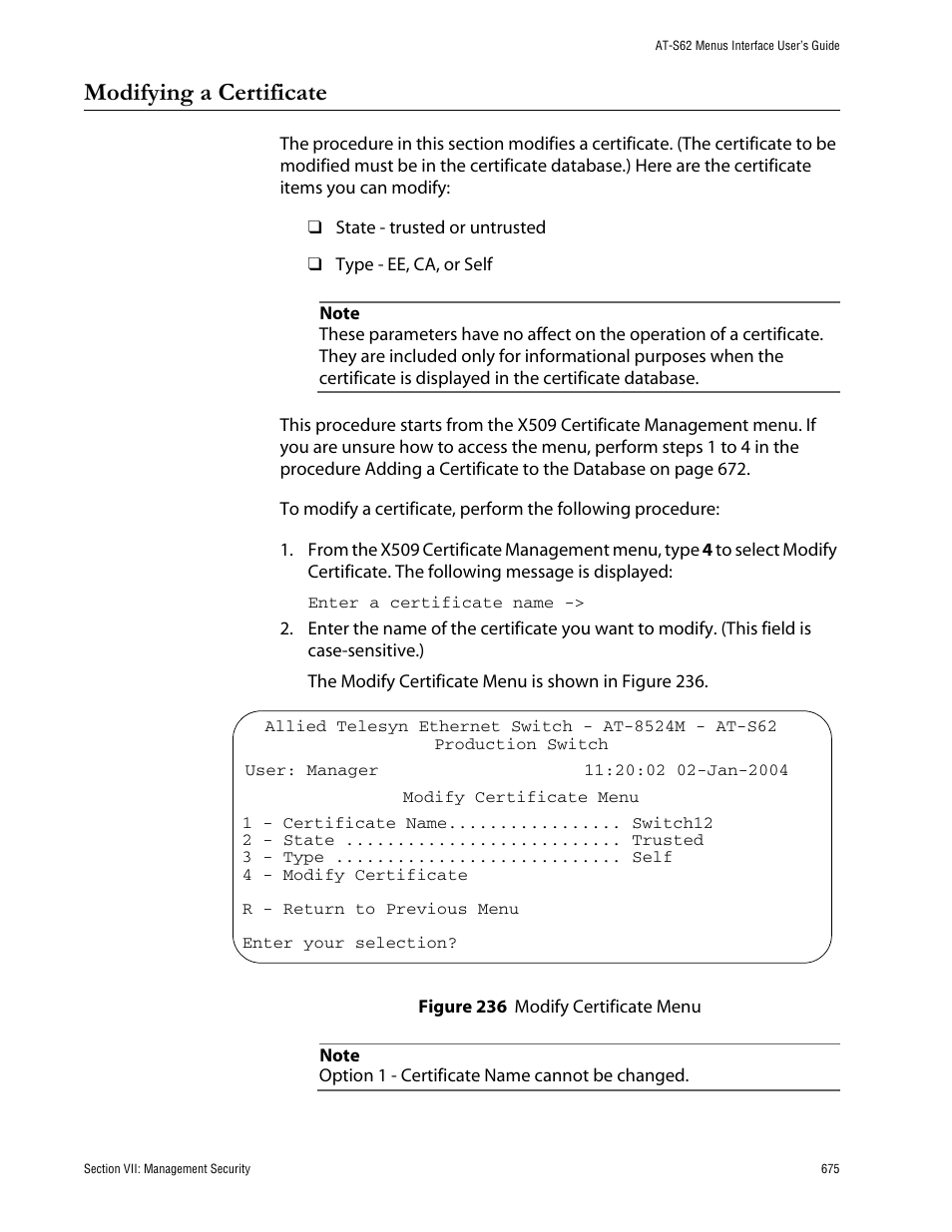 Modifying a certificate, Figure 236: modify certificate menu | Allied Telesis AT-S62 User Manual | Page 675 / 760