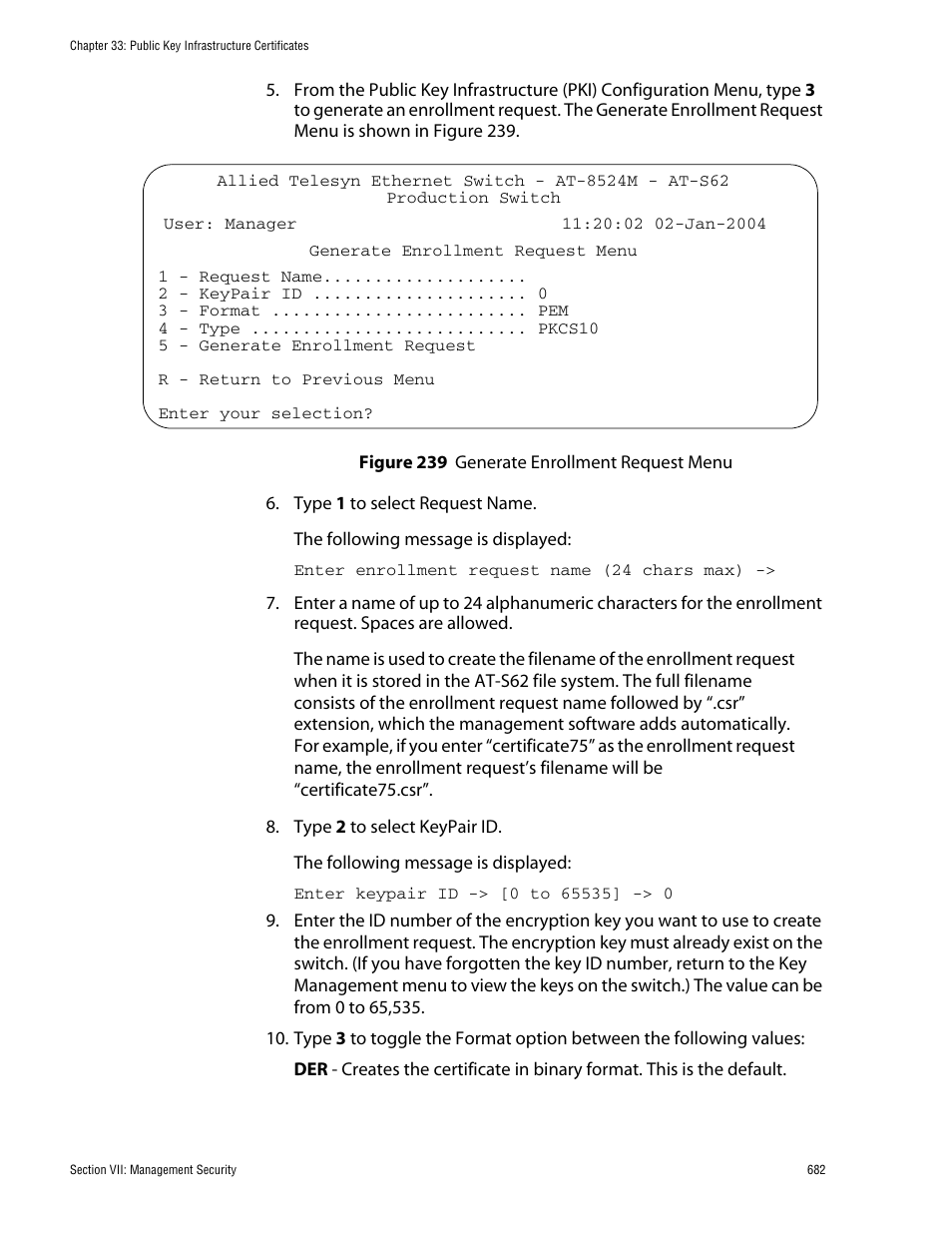 Figure 239: generate enrollment request menu | Allied Telesis AT-S62 User Manual | Page 682 / 760