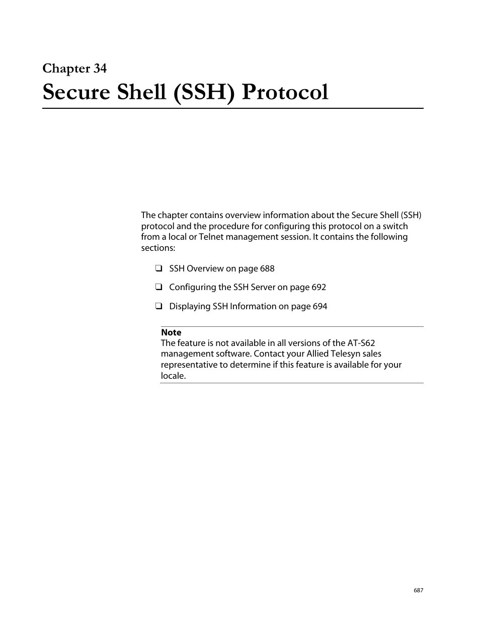 Chapter 34, Secure shell (ssh) protocol, Chapter 34 secure shell (ssh) protocol | Allied Telesis AT-S62 User Manual | Page 687 / 760