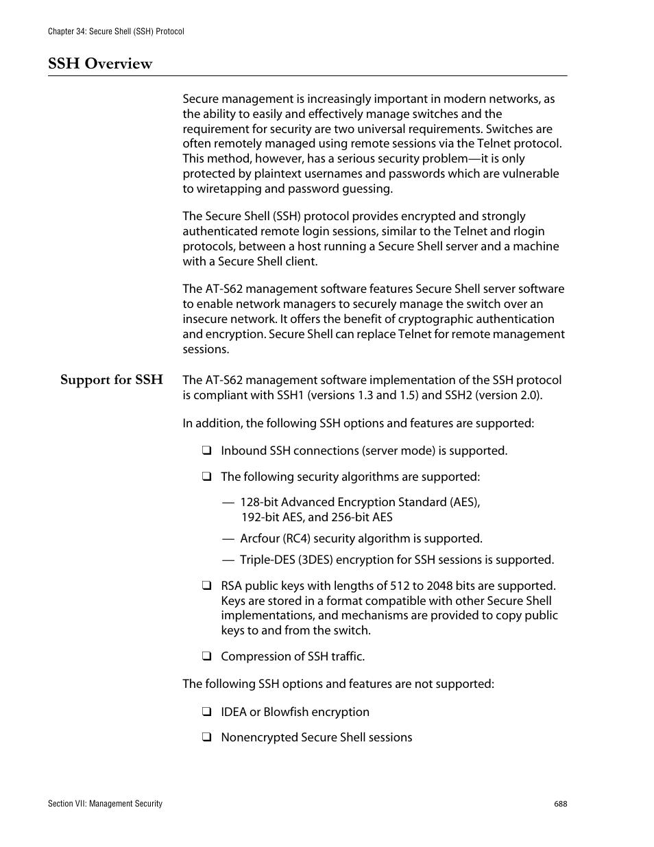 Ssh overview, Support for ssh | Allied Telesis AT-S62 User Manual | Page 688 / 760
