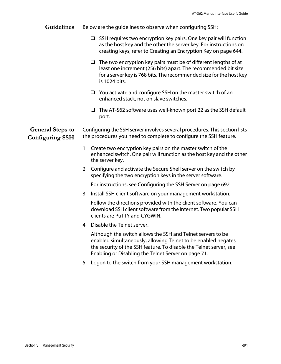 Guidelines, General steps to configuring ssh, Guidelines general steps to configuring ssh | Allied Telesis AT-S62 User Manual | Page 691 / 760