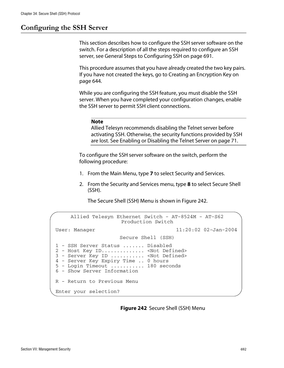 Configuring the ssh server, Figure 242: secure shell (ssh) menu | Allied Telesis AT-S62 User Manual | Page 692 / 760