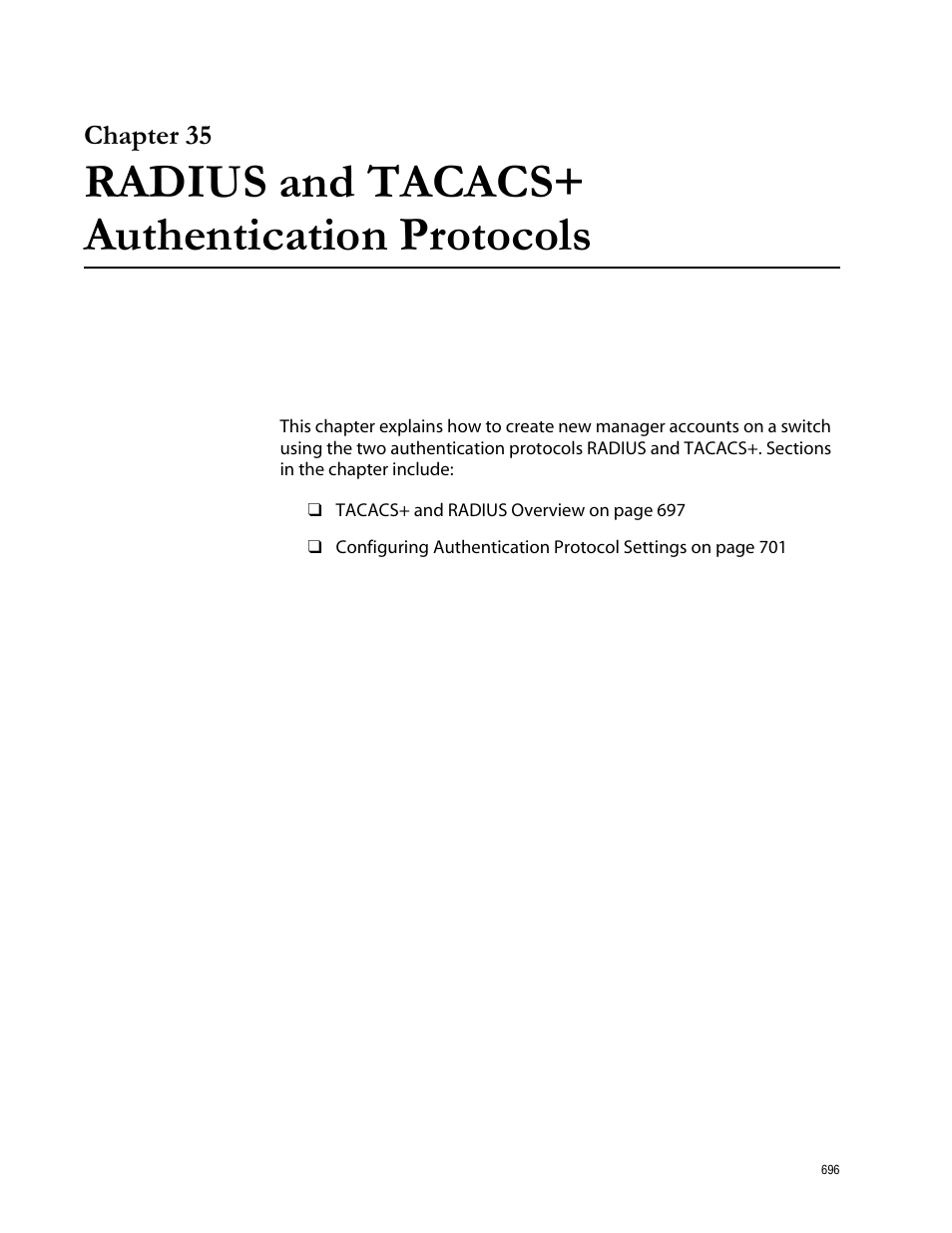 Chapter 35, Radius and tacacs+ authentication protocols | Allied Telesis AT-S62 User Manual | Page 696 / 760