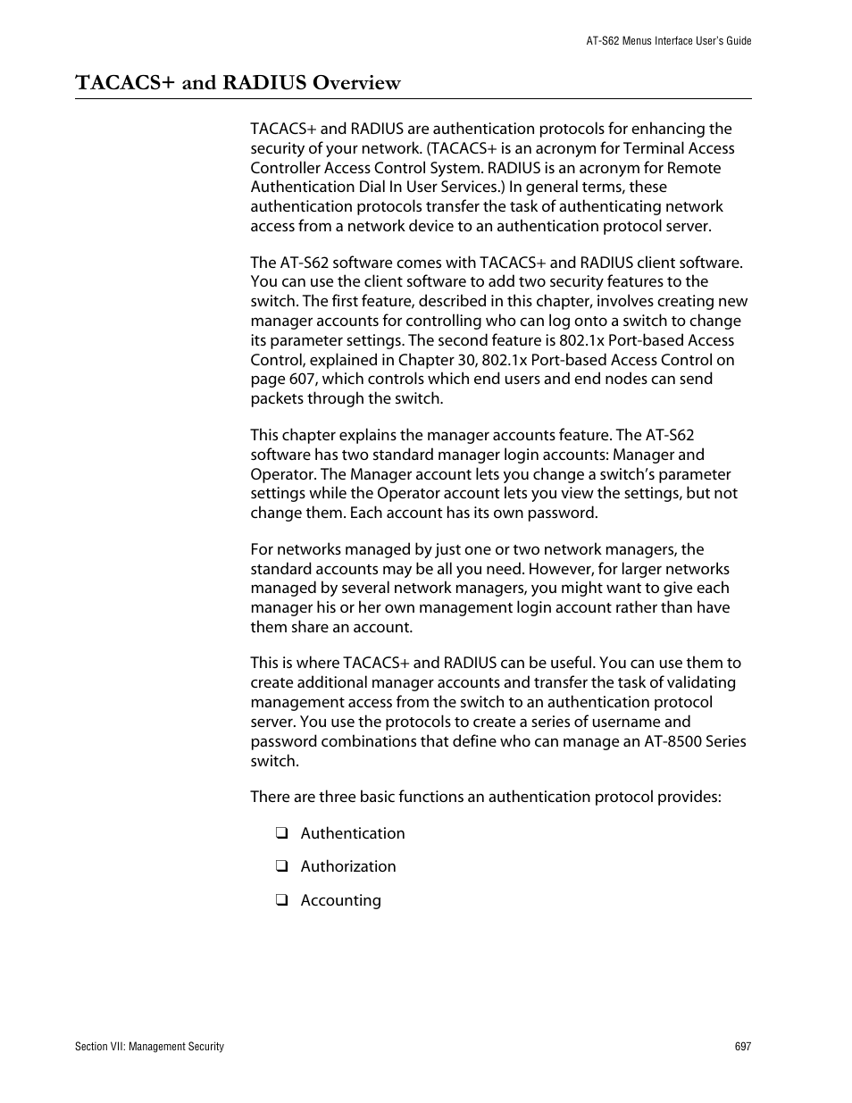 Tacacs+ and radius overview | Allied Telesis AT-S62 User Manual | Page 697 / 760