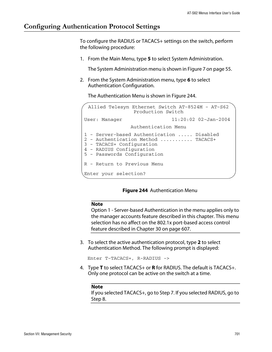 Configuring authentication protocol settings, Figure 244: authentication menu | Allied Telesis AT-S62 User Manual | Page 701 / 760