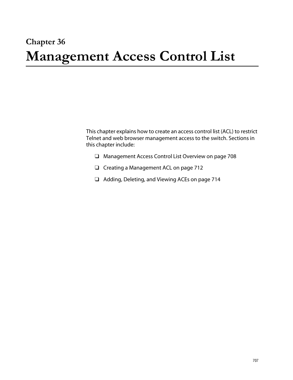 Chapter 36, Management access control list, Chapter 36 management access control list | Allied Telesis AT-S62 User Manual | Page 707 / 760