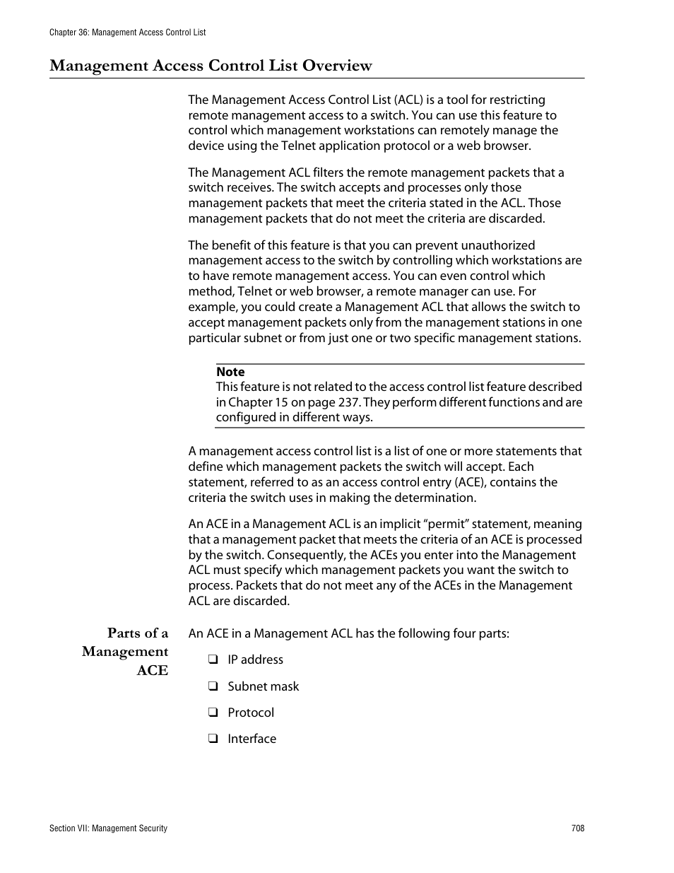 Management access control list overview, Parts of a management ace | Allied Telesis AT-S62 User Manual | Page 708 / 760