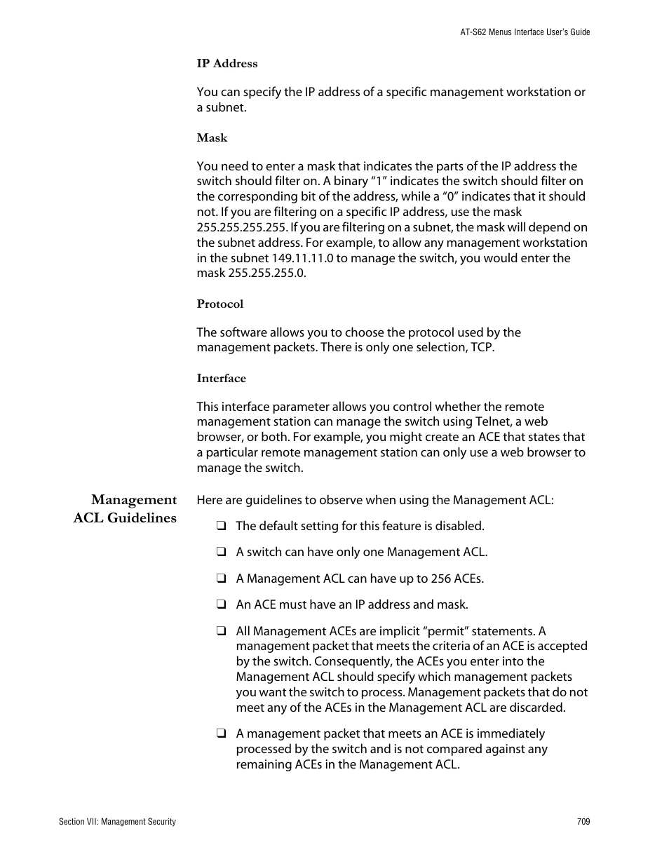 Management acl guidelines | Allied Telesis AT-S62 User Manual | Page 709 / 760