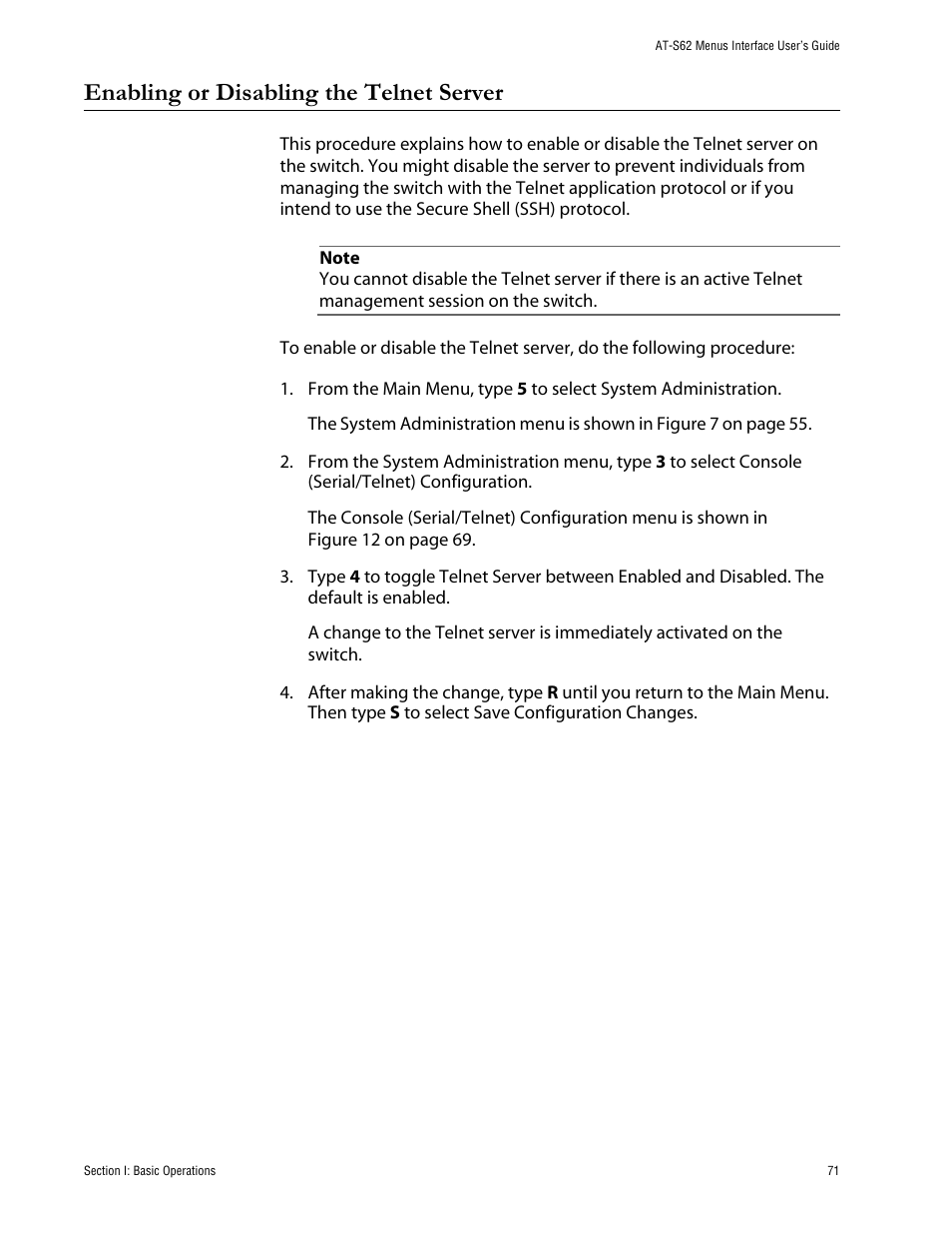 Enabling or disabling the telnet server | Allied Telesis AT-S62 User Manual | Page 71 / 760