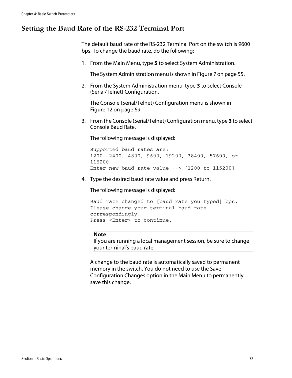 Setting the baud rate of the rs-232 terminal port | Allied Telesis AT-S62 User Manual | Page 72 / 760