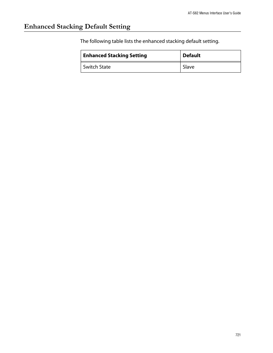 Enhanced stacking default setting | Allied Telesis AT-S62 User Manual | Page 721 / 760