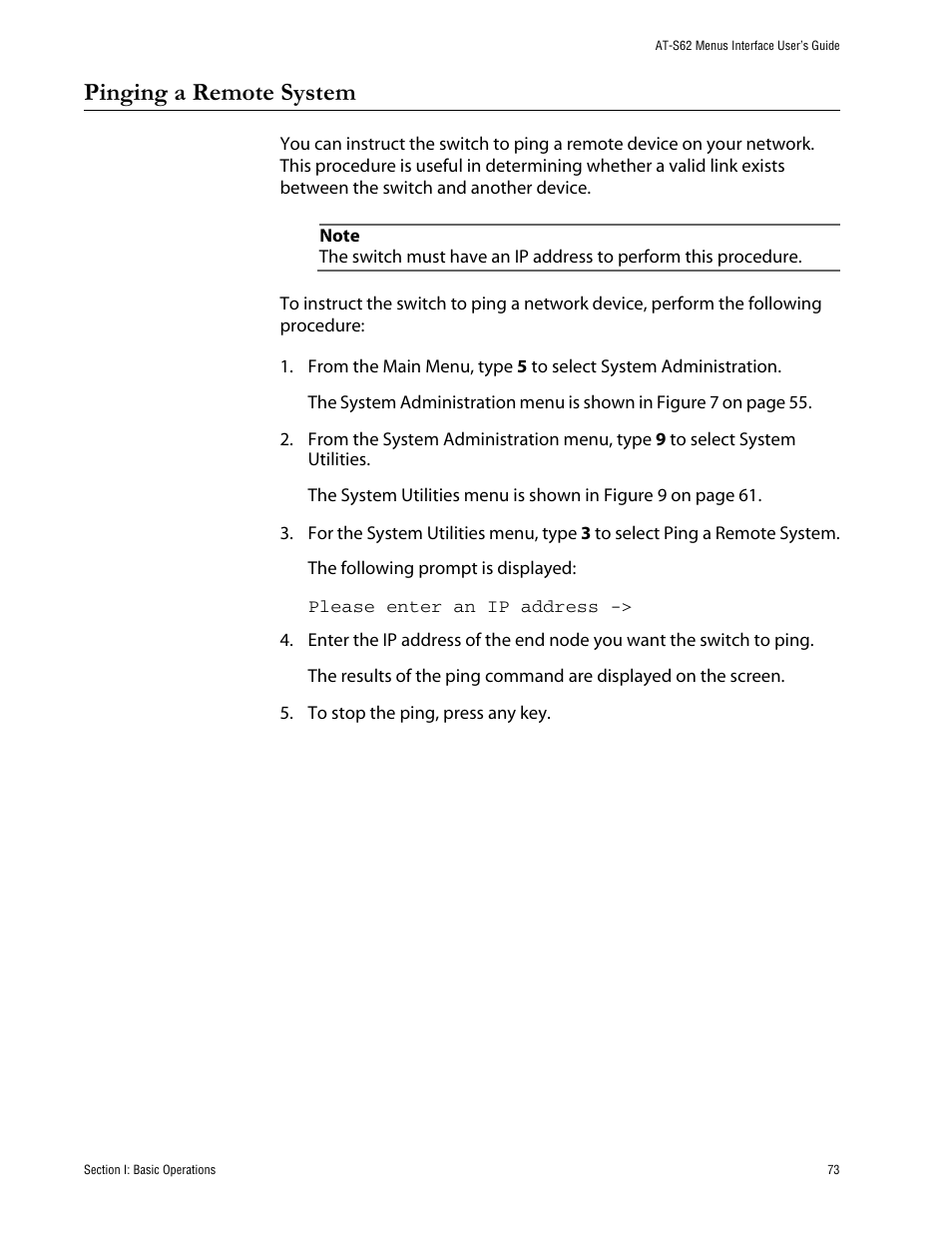 Pinging a remote system | Allied Telesis AT-S62 User Manual | Page 73 / 760
