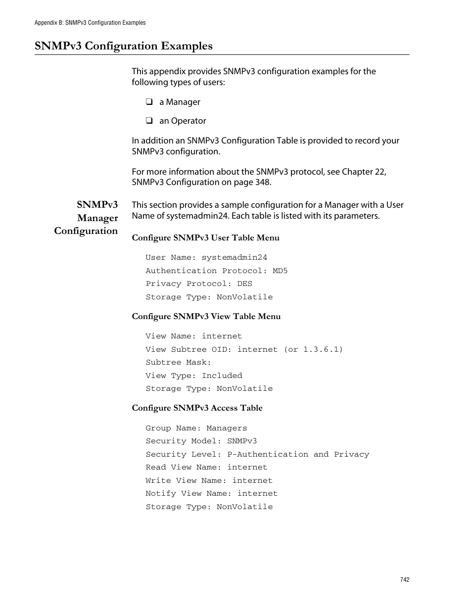 Snmpv3 configuration examples, Snmpv3 manager configuration | Allied Telesis AT-S62 User Manual | Page 742 / 760