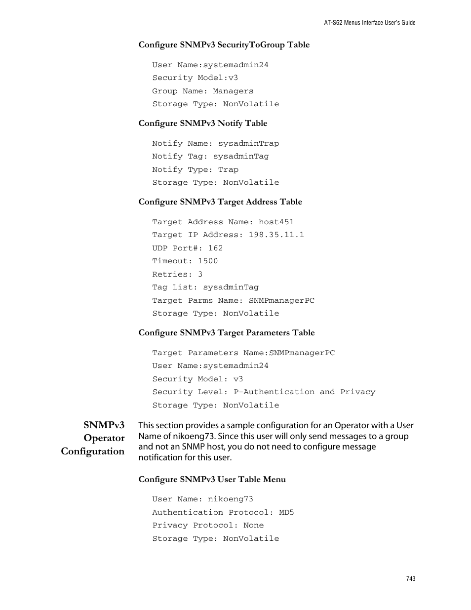 Snmpv3 operator configuration | Allied Telesis AT-S62 User Manual | Page 743 / 760