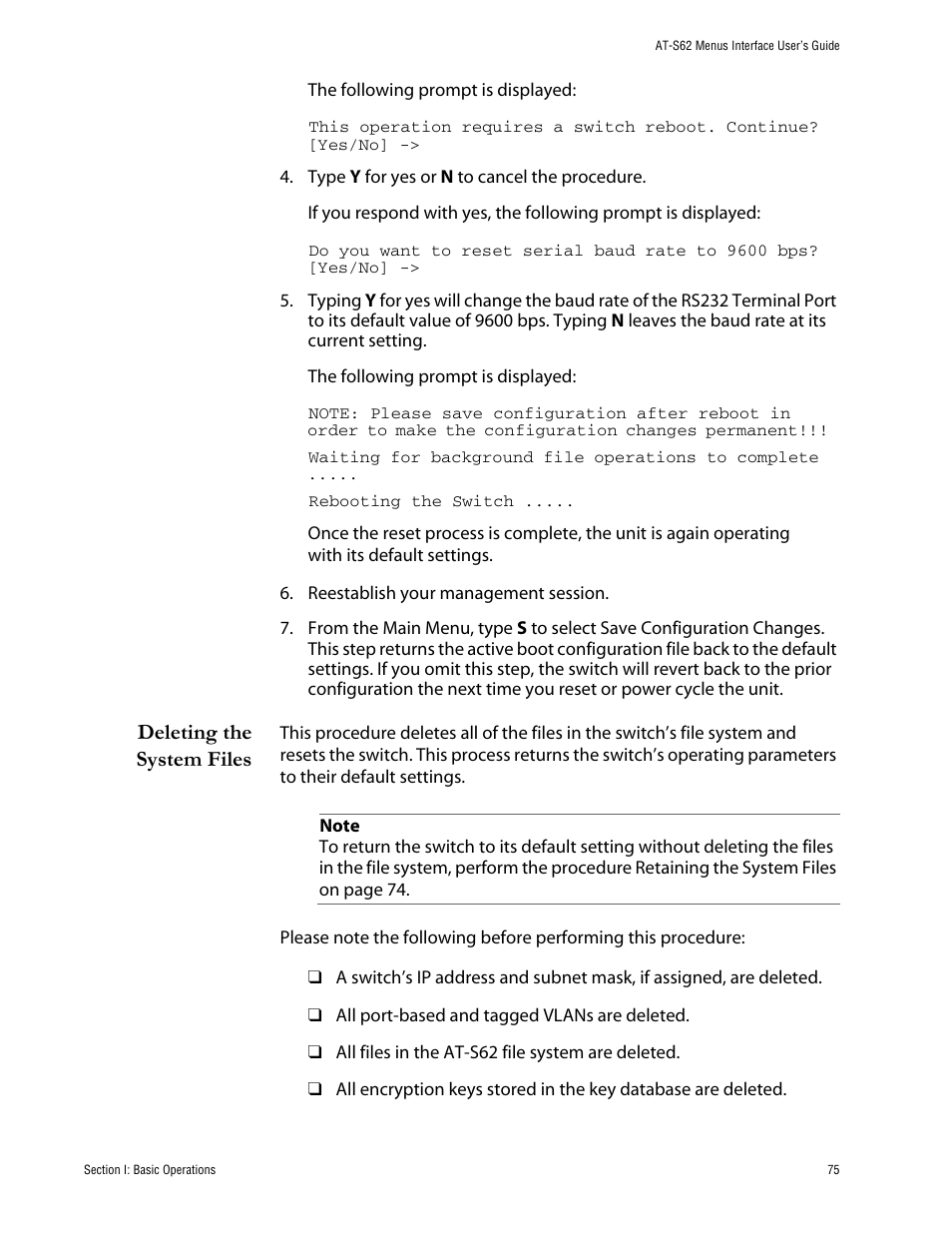 Deleting the system files | Allied Telesis AT-S62 User Manual | Page 75 / 760