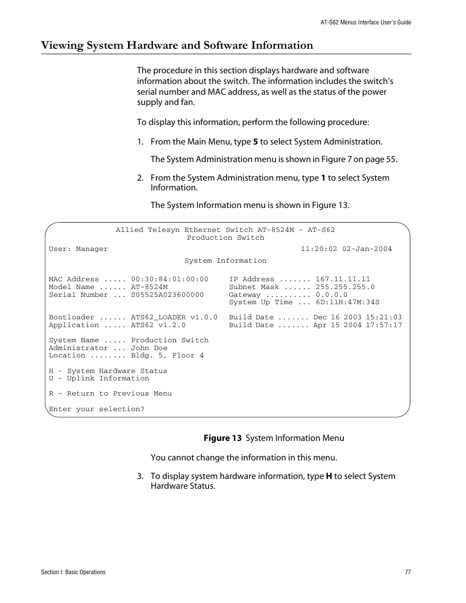 Viewing system hardware and software information, Figure 13: system information menu | Allied Telesis AT-S62 User Manual | Page 77 / 760