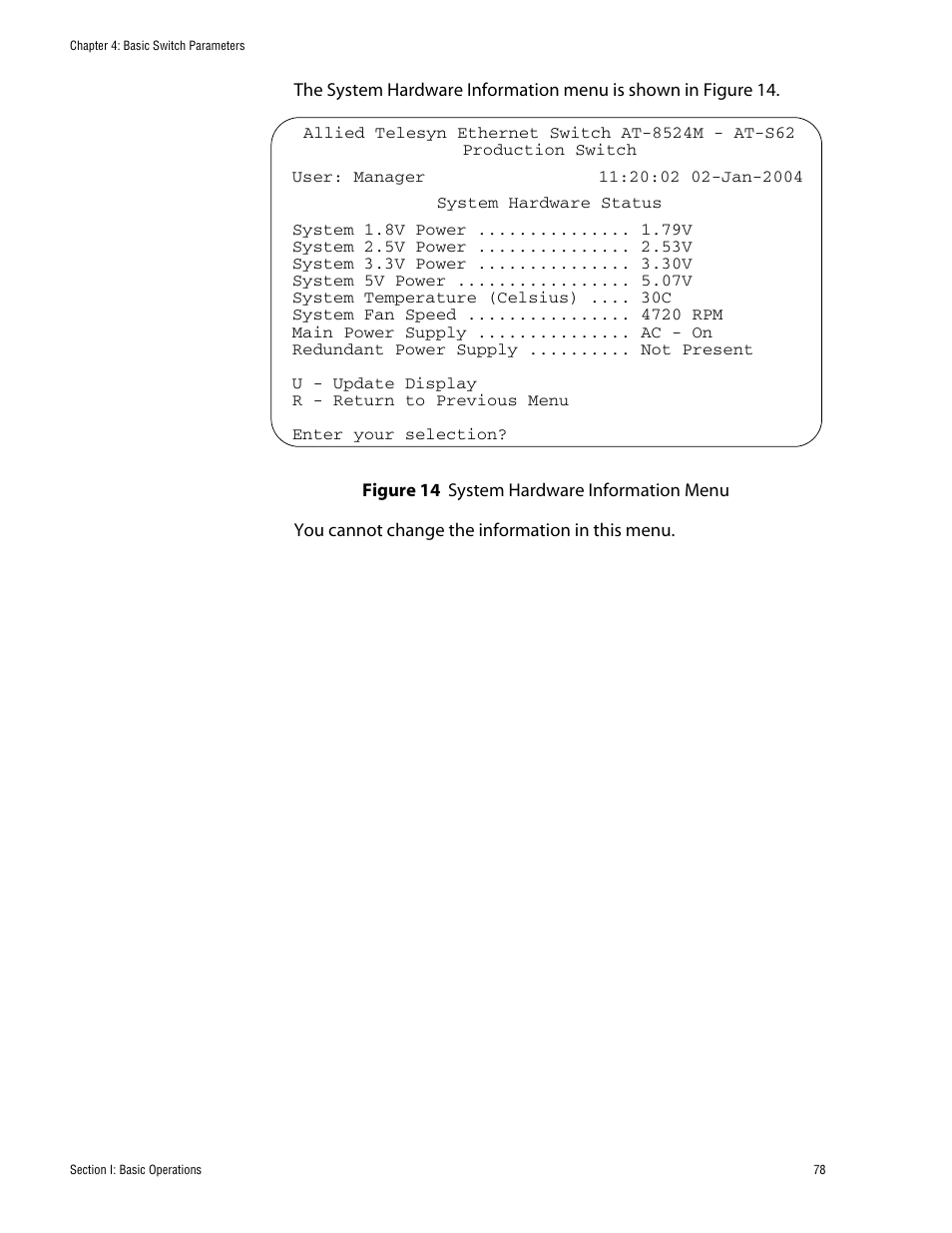Figure 14: system hardware information menu | Allied Telesis AT-S62 User Manual | Page 78 / 760