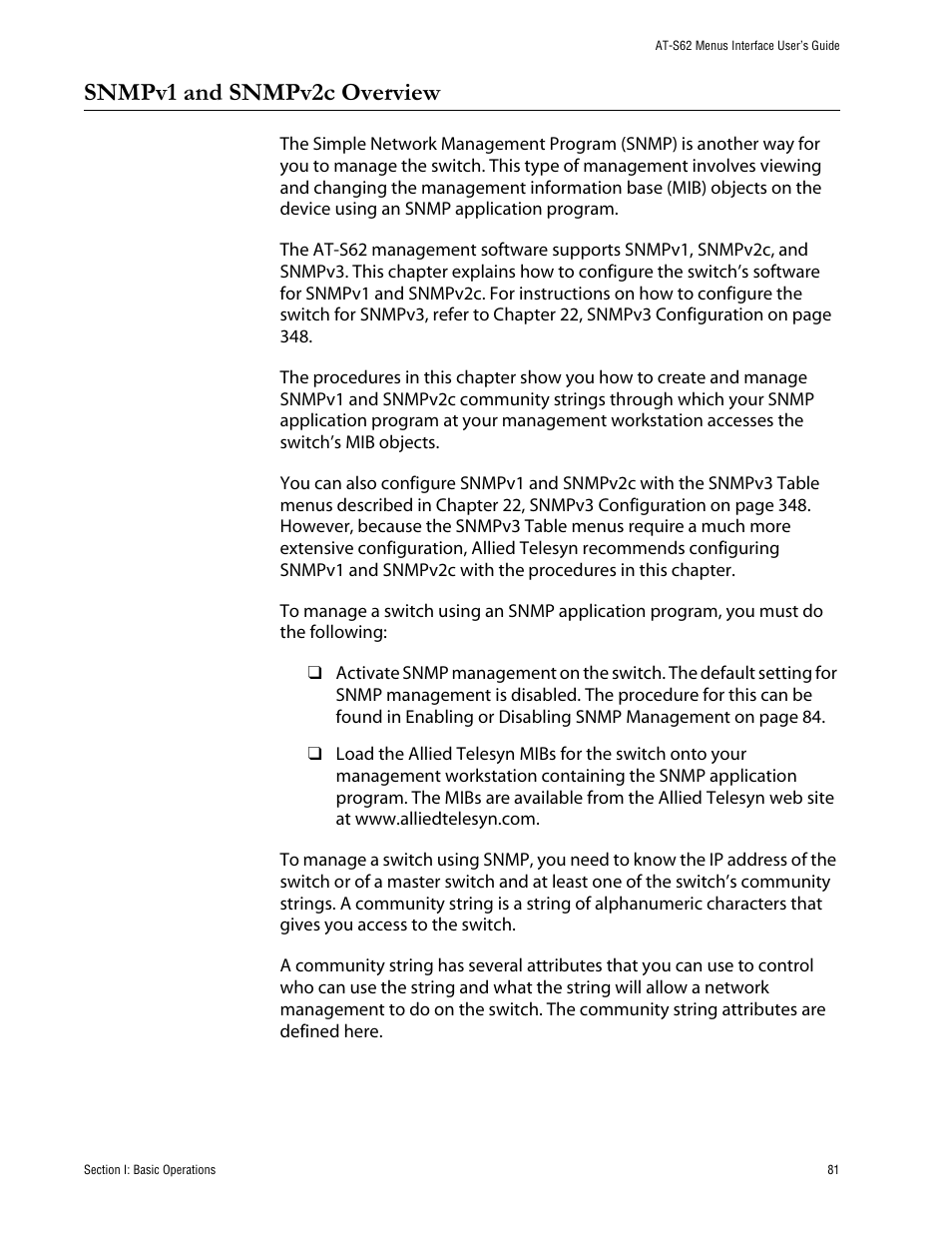 Snmpv1 and snmpv2c overview | Allied Telesis AT-S62 User Manual | Page 81 / 760