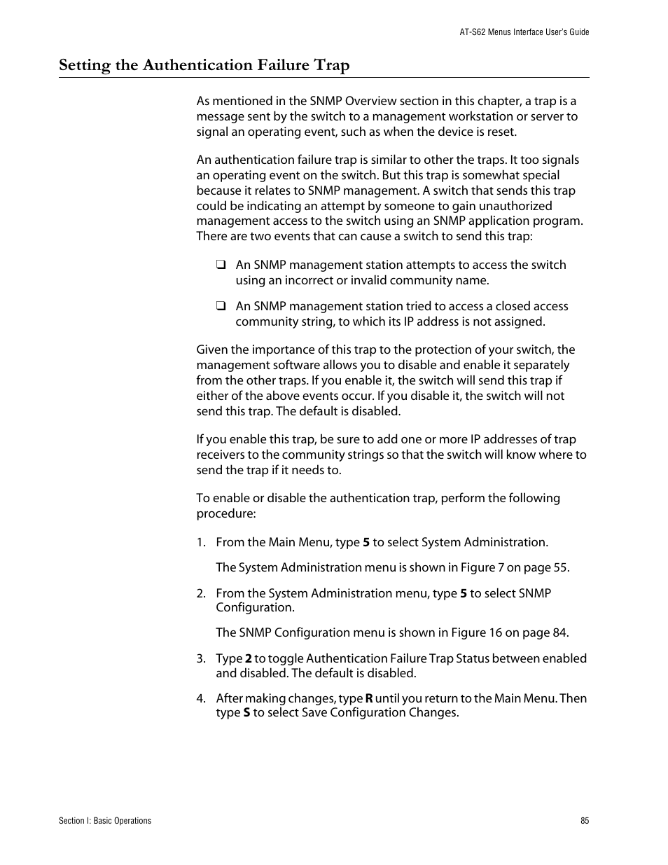Setting the authentication failure trap | Allied Telesis AT-S62 User Manual | Page 85 / 760
