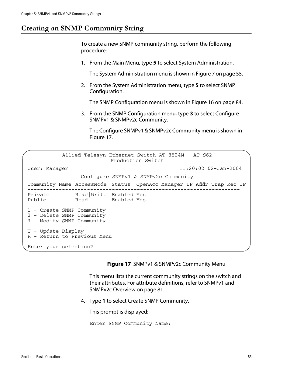 Creating an snmp community string, Figure 17: snmpv1 & snmpv2c community menu | Allied Telesis AT-S62 User Manual | Page 86 / 760