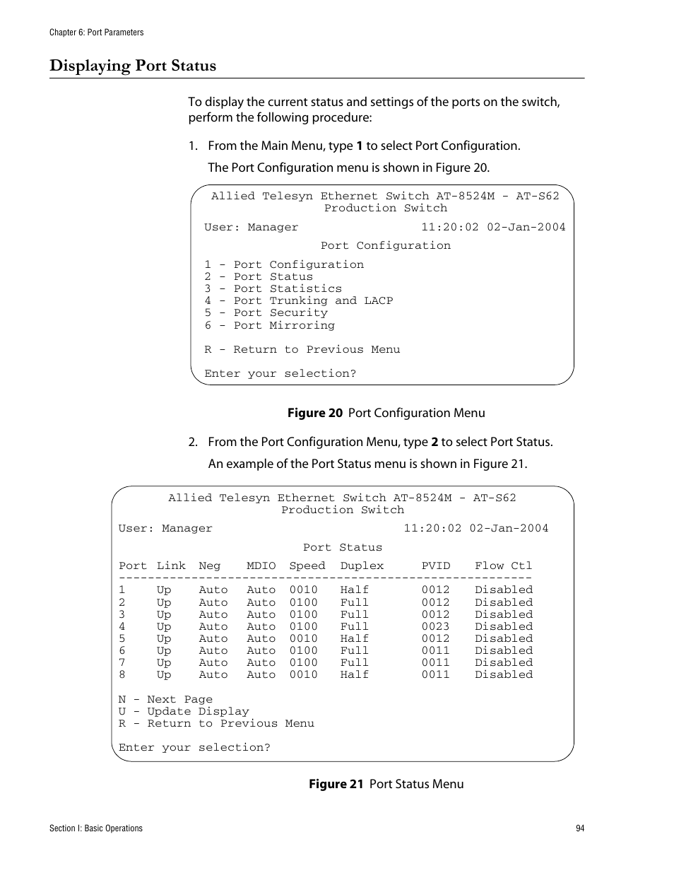 Displaying port status | Allied Telesis AT-S62 User Manual | Page 94 / 760