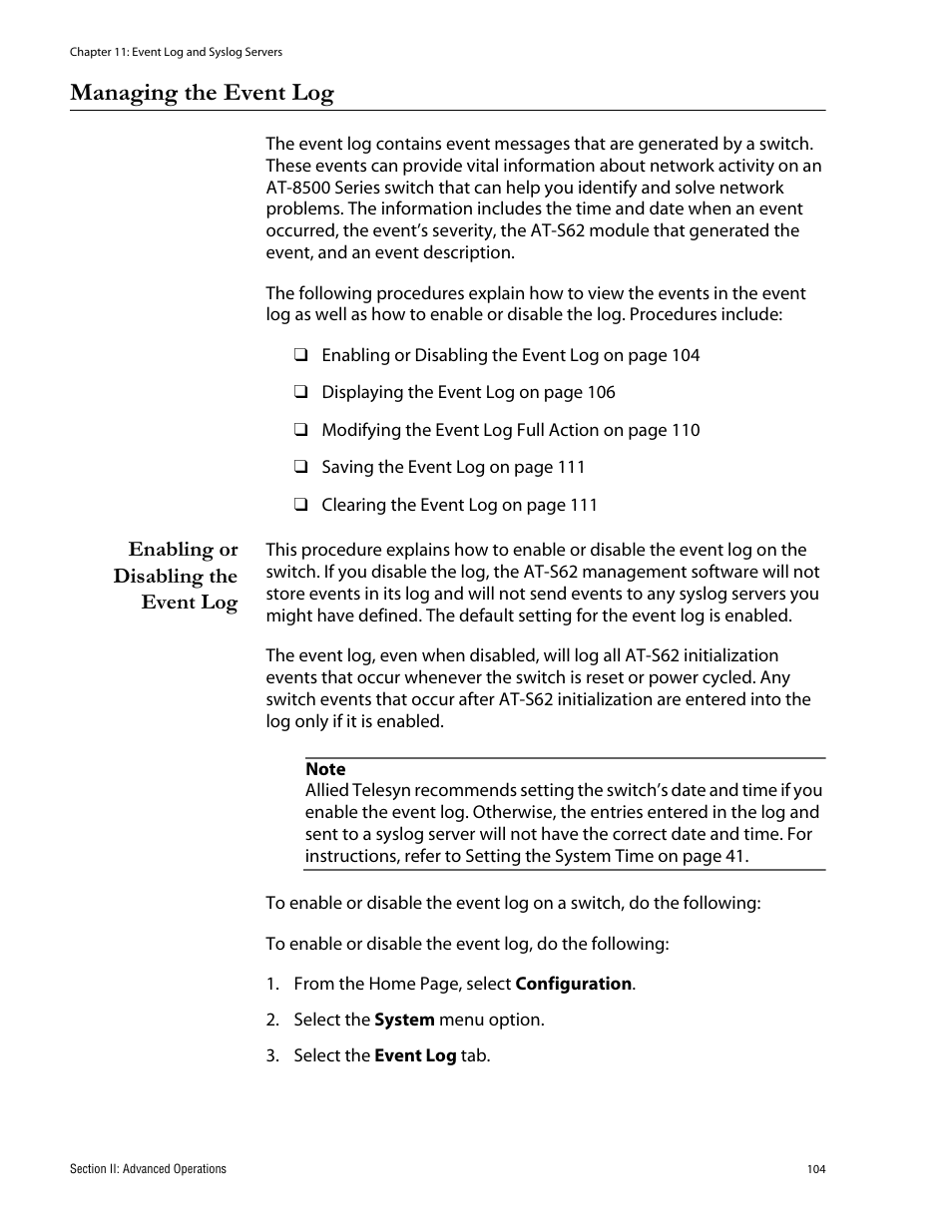 Managing the event log, Enabling or disabling the event log | Allied Telesis AT-S62 User Manual | Page 104 / 335