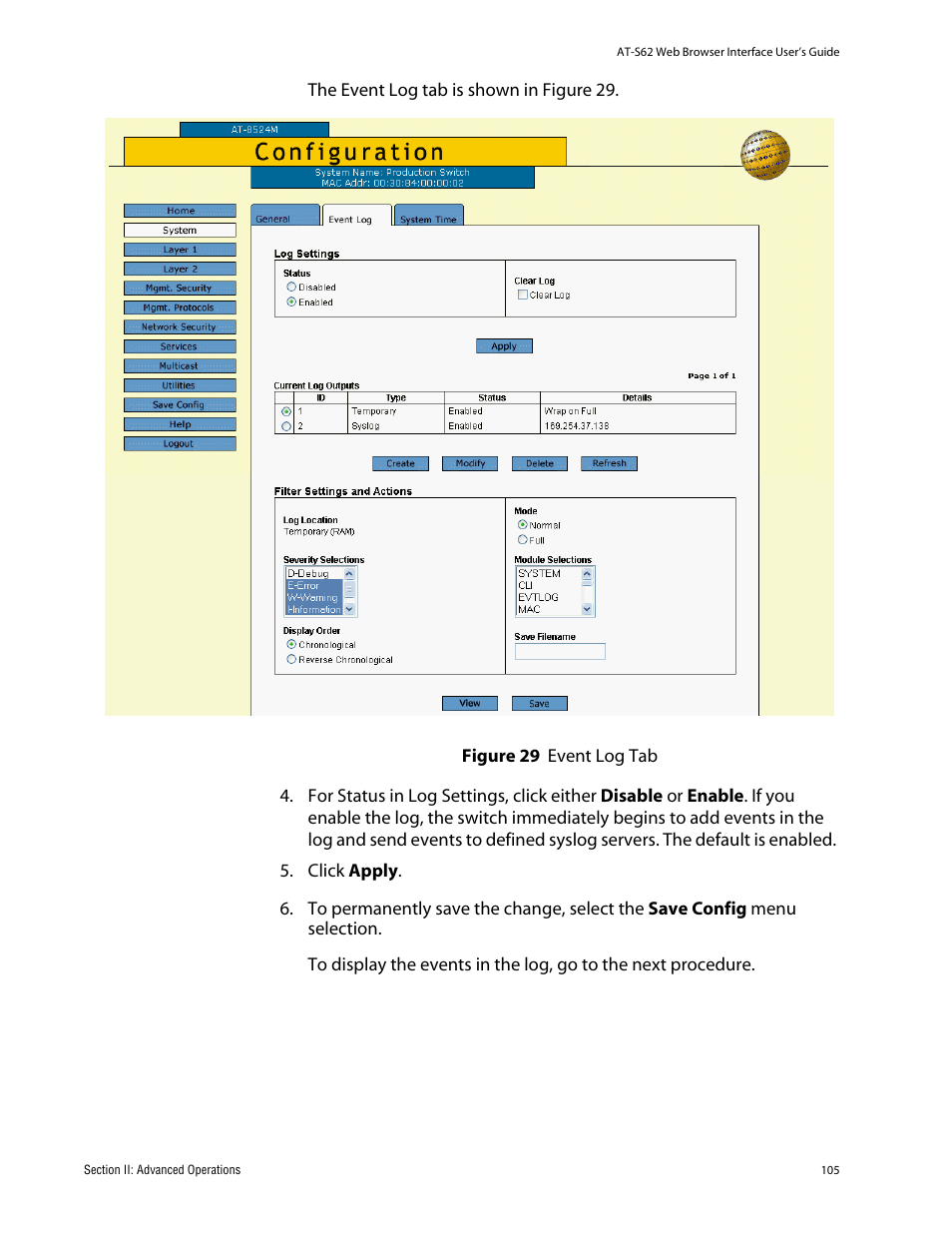 Figure 29: event log tab | Allied Telesis AT-S62 User Manual | Page 105 / 335