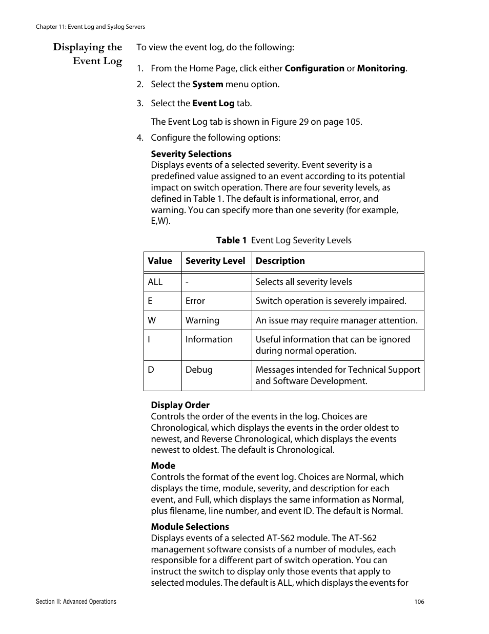 Displaying the event log | Allied Telesis AT-S62 User Manual | Page 106 / 335