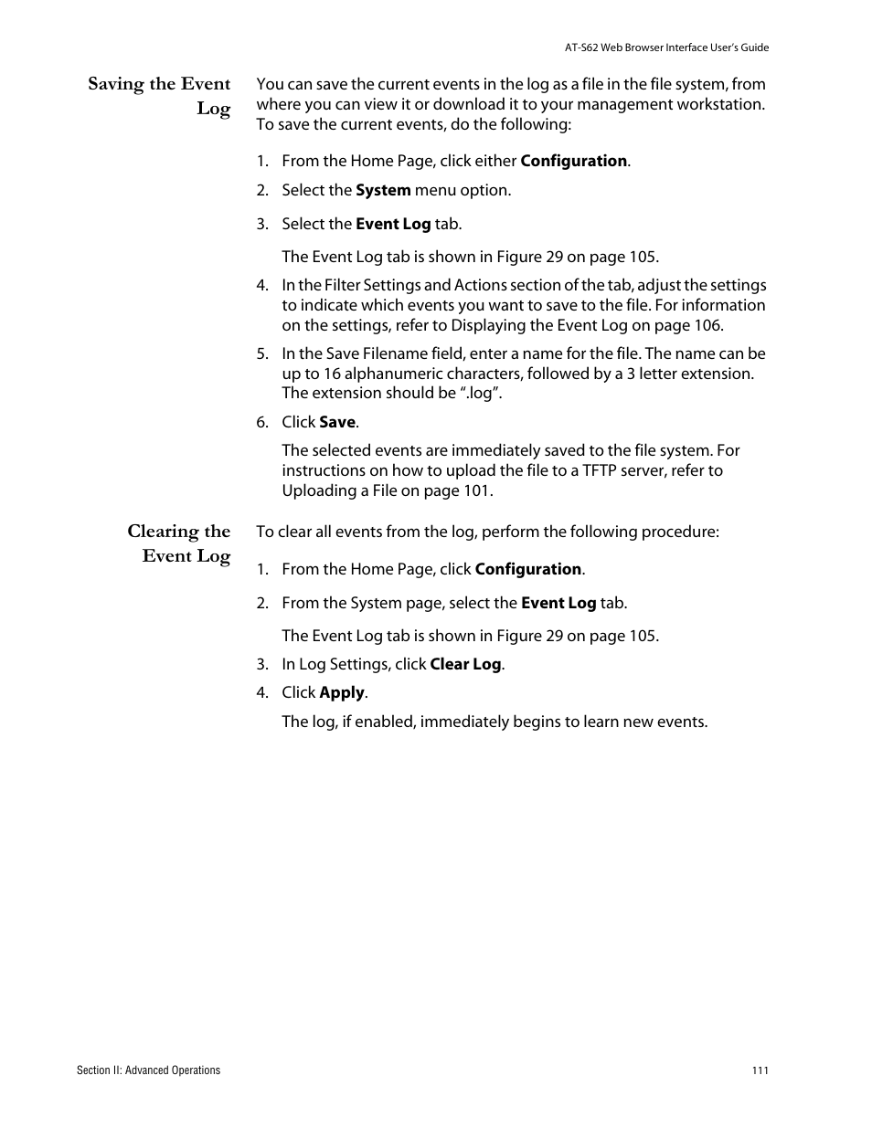 Saving the event log, Clearing the event log, Saving the event log clearing the event log | Allied Telesis AT-S62 User Manual | Page 111 / 335