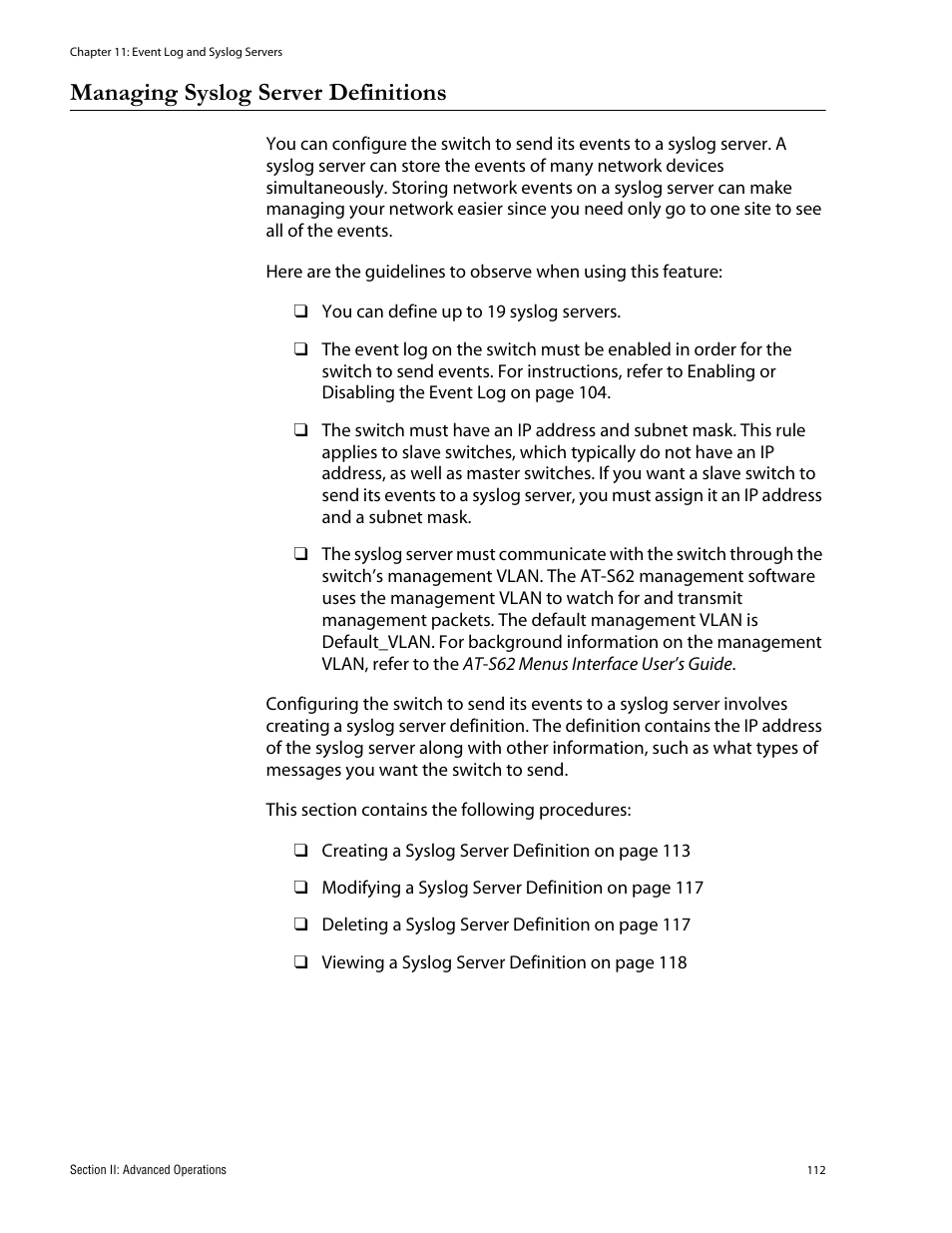 Managing syslog server definitions | Allied Telesis AT-S62 User Manual | Page 112 / 335