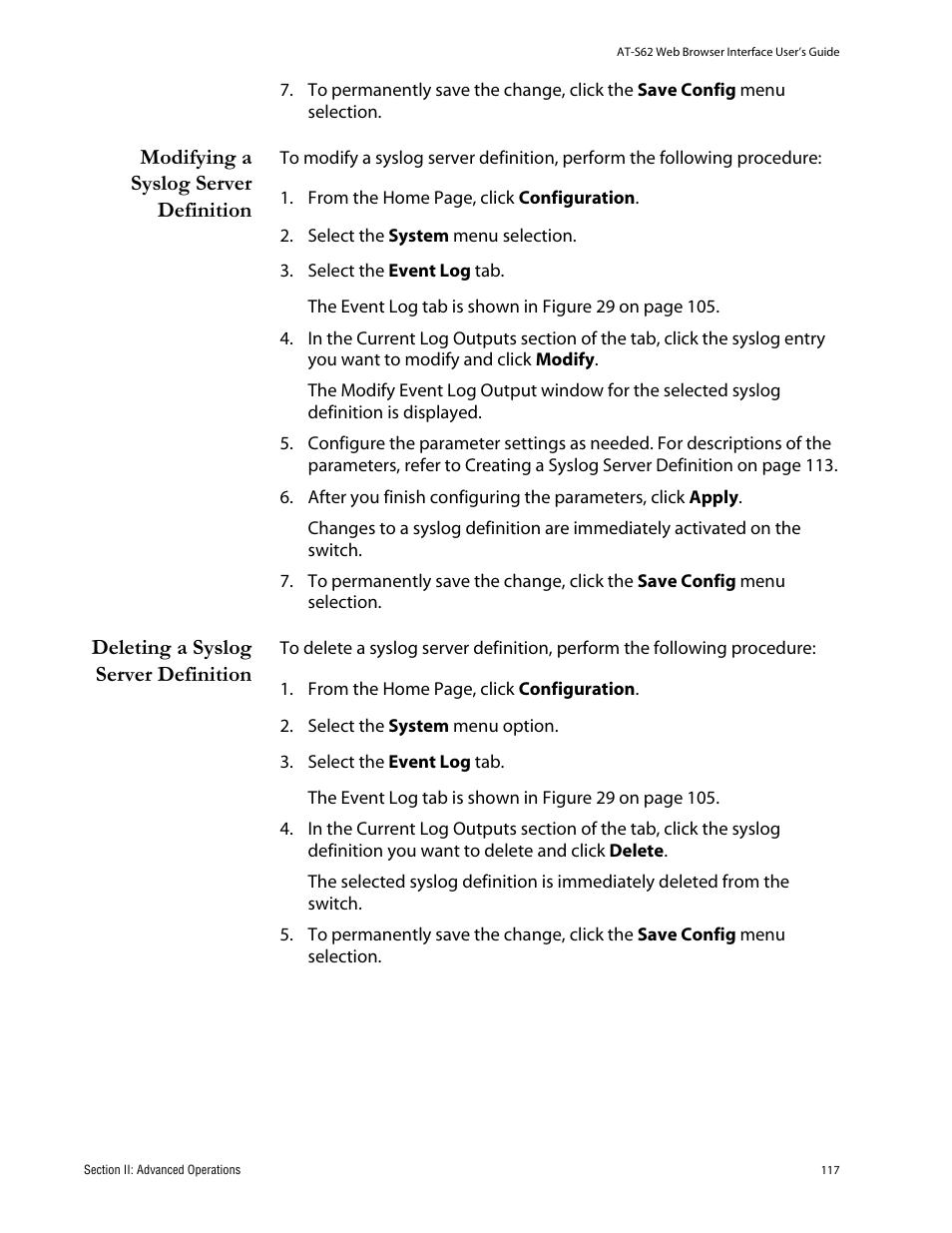 Modifying a syslog server definition, Deleting a syslog server definition | Allied Telesis AT-S62 User Manual | Page 117 / 335