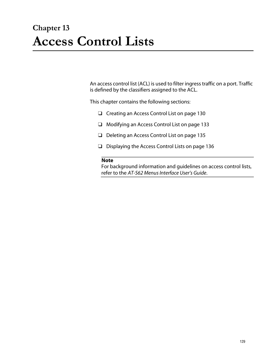 Chapter 13, Access control lists, Chapter 13 access control lists | Allied Telesis AT-S62 User Manual | Page 129 / 335