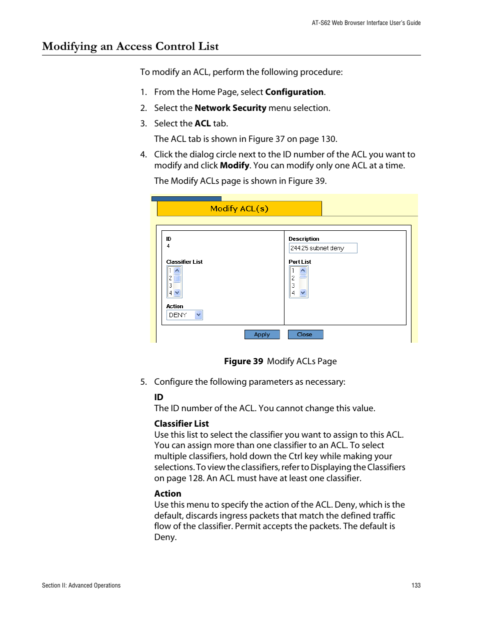 Modifying an access control list | Allied Telesis AT-S62 User Manual | Page 133 / 335
