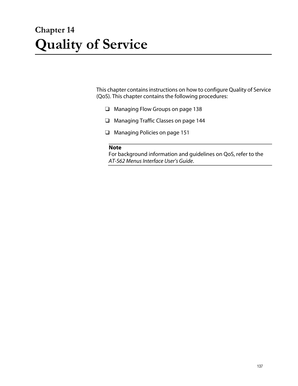 Chapter 14, Quality of service, Chapter 14 quality of service | Allied Telesis AT-S62 User Manual | Page 137 / 335