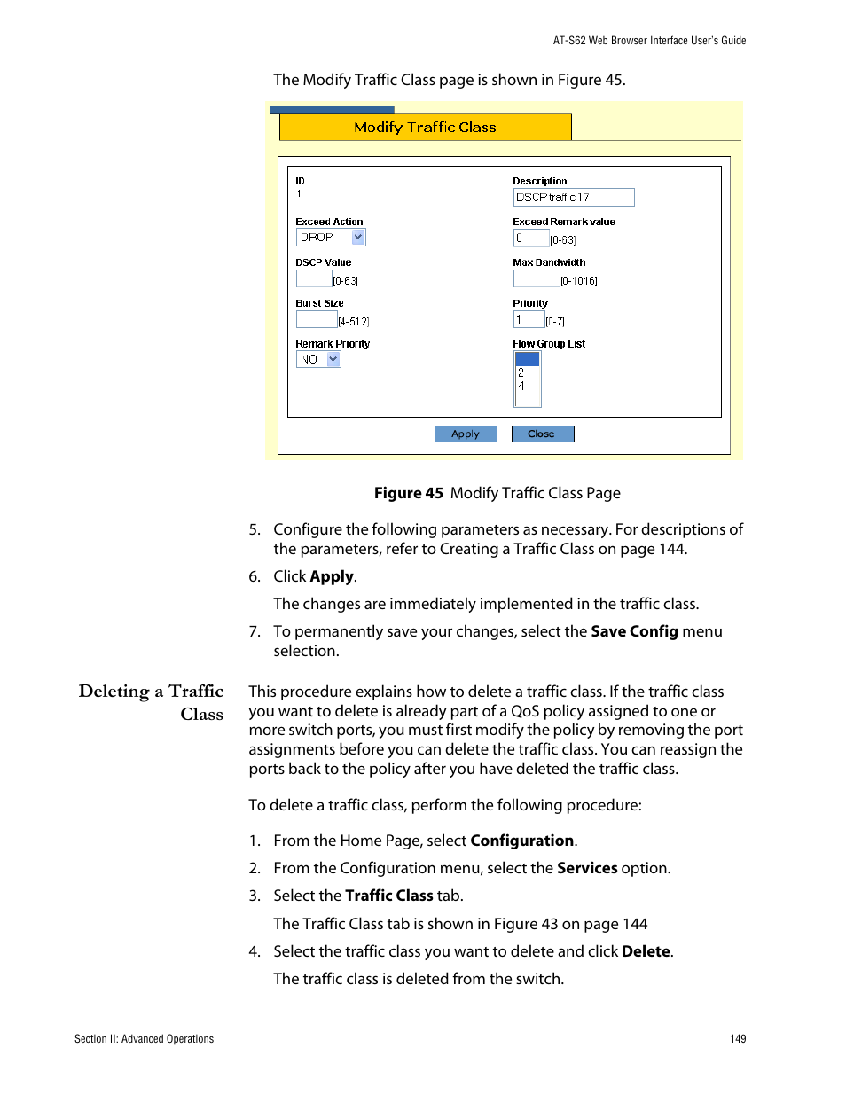 Deleting a traffic class | Allied Telesis AT-S62 User Manual | Page 149 / 335