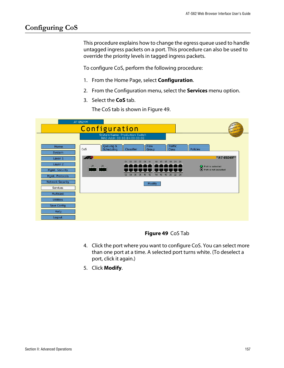 Configuring cos, Figure 49: cos tab | Allied Telesis AT-S62 User Manual | Page 157 / 335