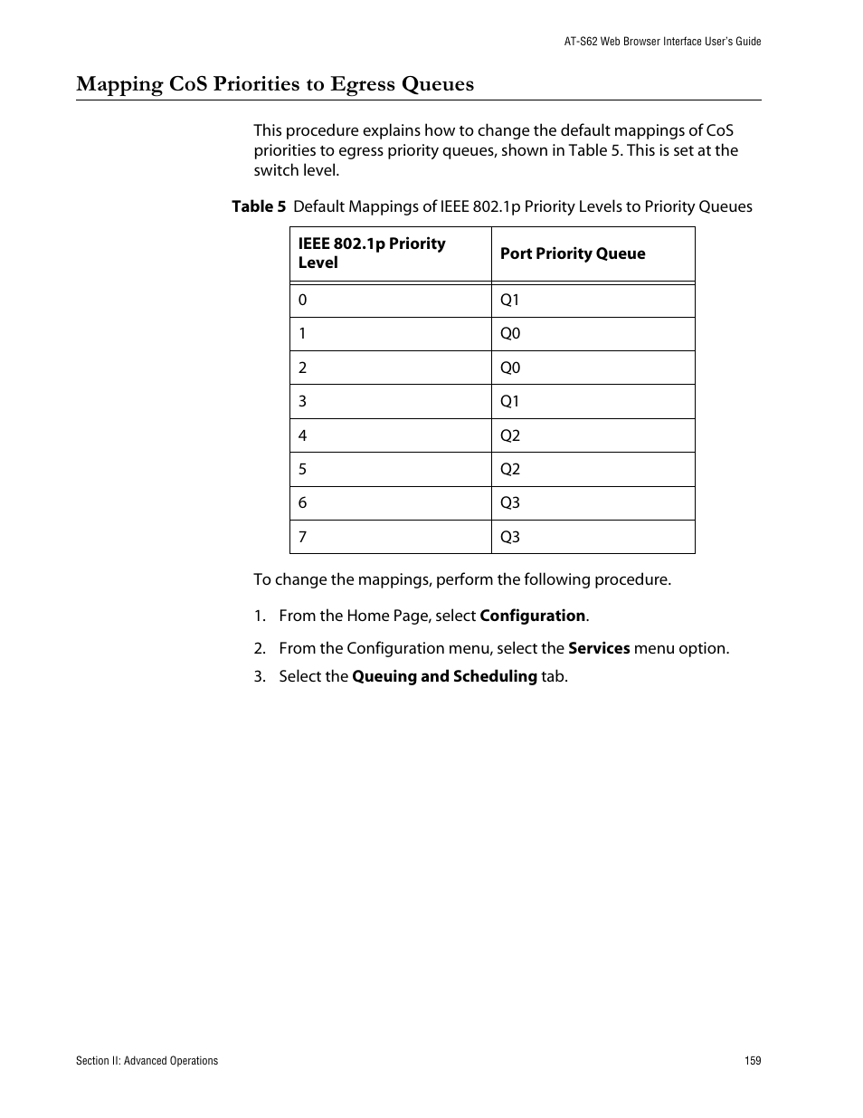 Mapping cos priorities to egress queues | Allied Telesis AT-S62 User Manual | Page 159 / 335