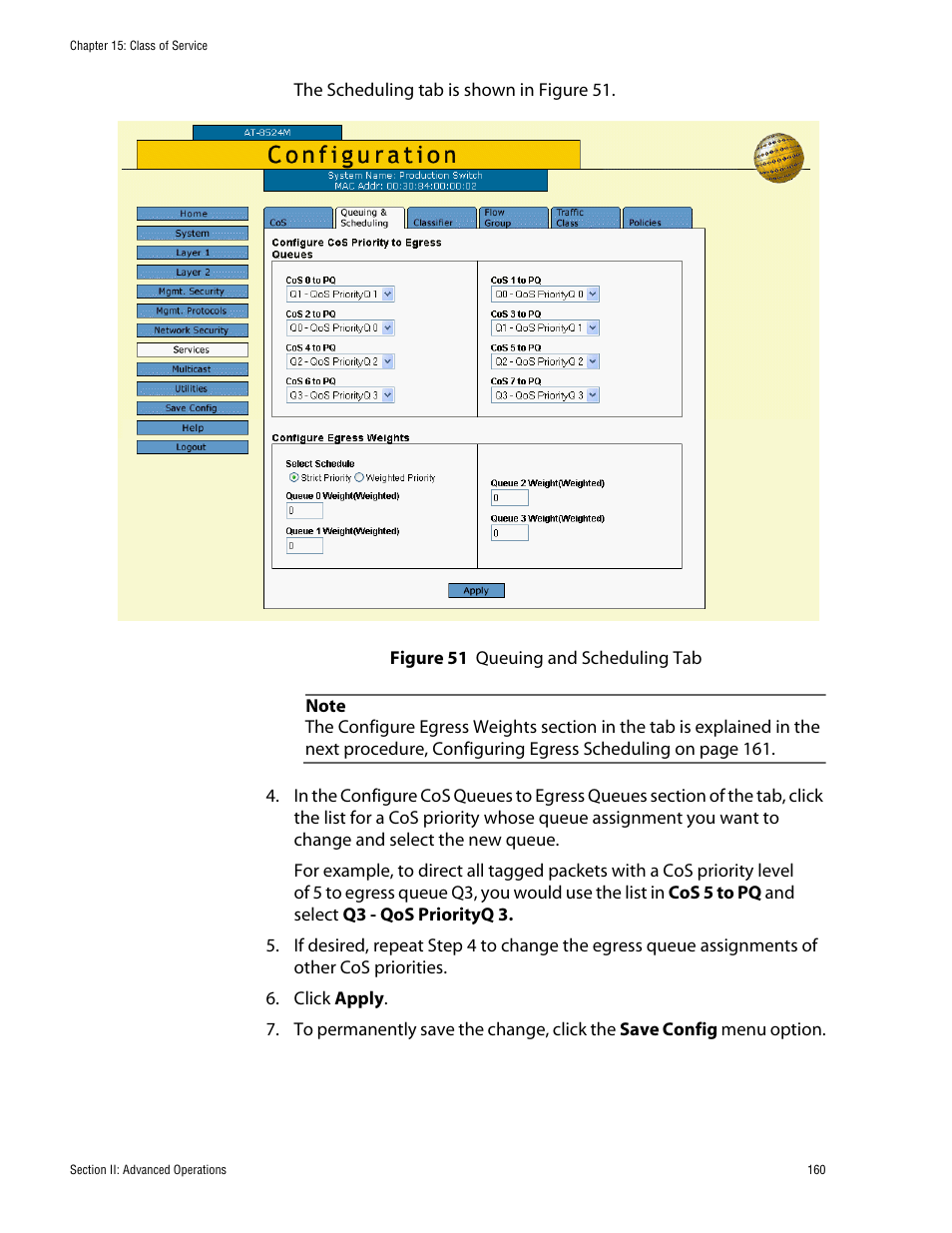 Queuing and scheduling tab | Allied Telesis AT-S62 User Manual | Page 160 / 335