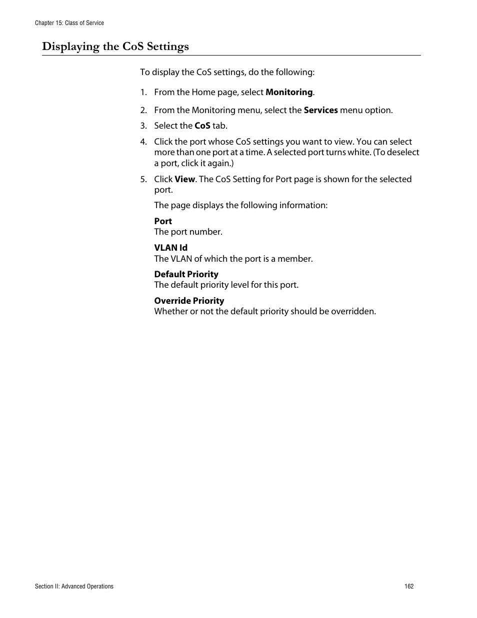 Displaying the cos settings | Allied Telesis AT-S62 User Manual | Page 162 / 335