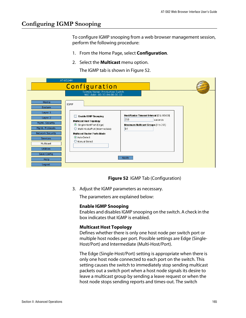 Configuring igmp snooping, Figure 52: igmp tab (configuration) | Allied Telesis AT-S62 User Manual | Page 165 / 335