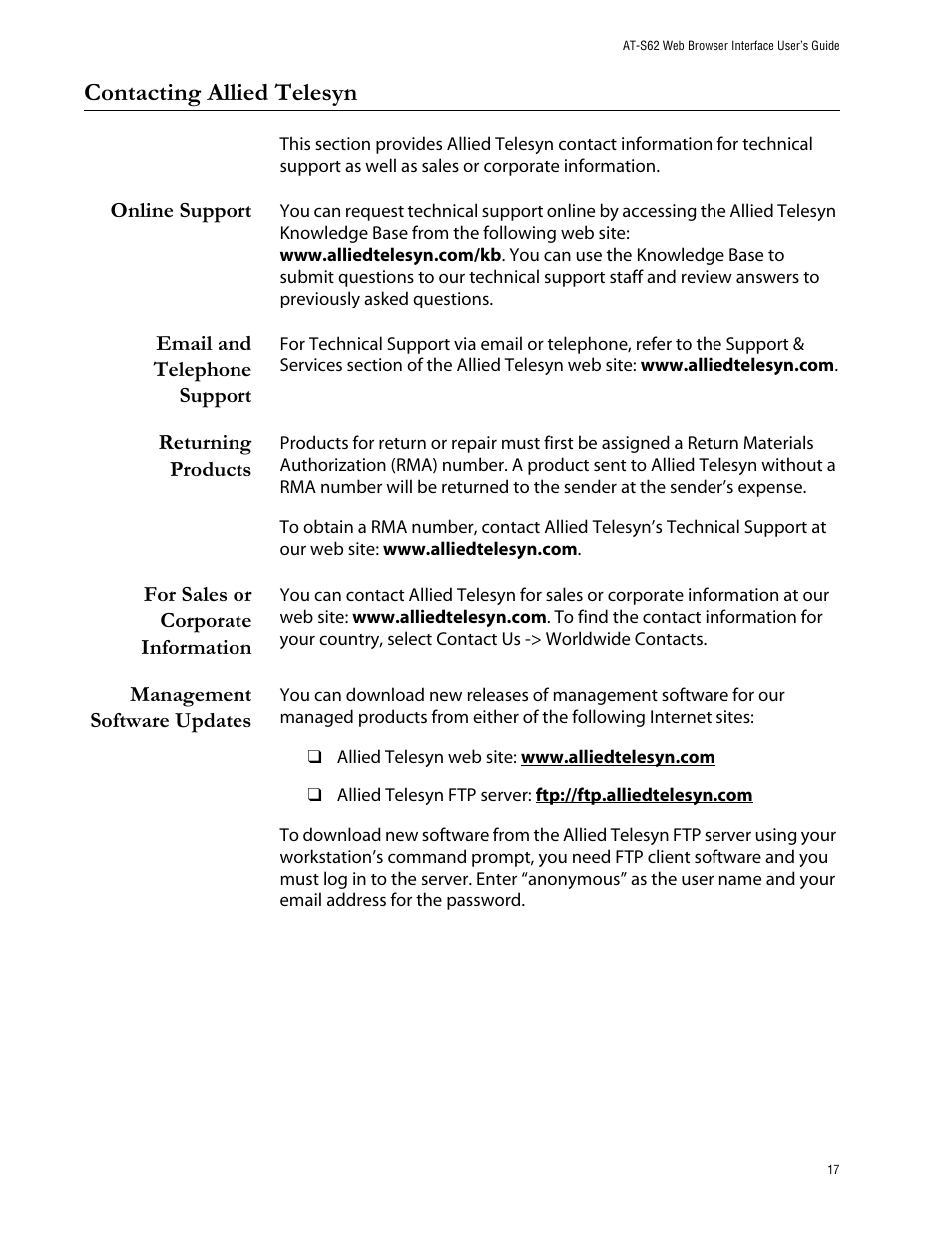Contacting allied telesyn, Online support, Email and telephone support | Returning products, For sales or corporate information, Management software updates | Allied Telesis AT-S62 User Manual | Page 17 / 335